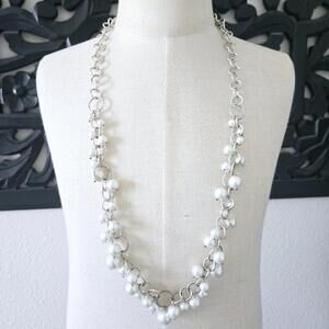 White Glass Beaded Silver Tone Chain Link Necklace